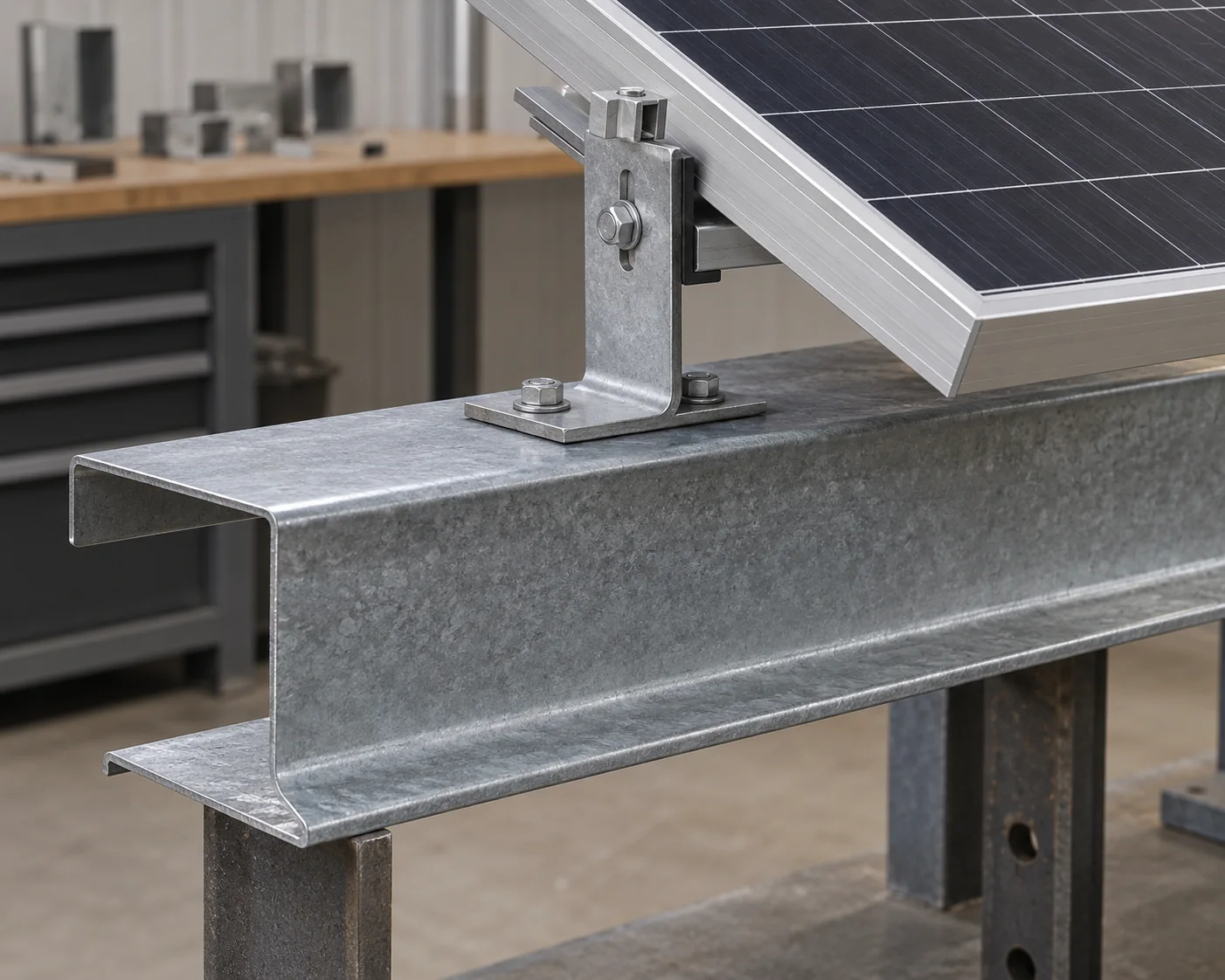 Carport purlin and mounting bracket beside a framed PV module edge