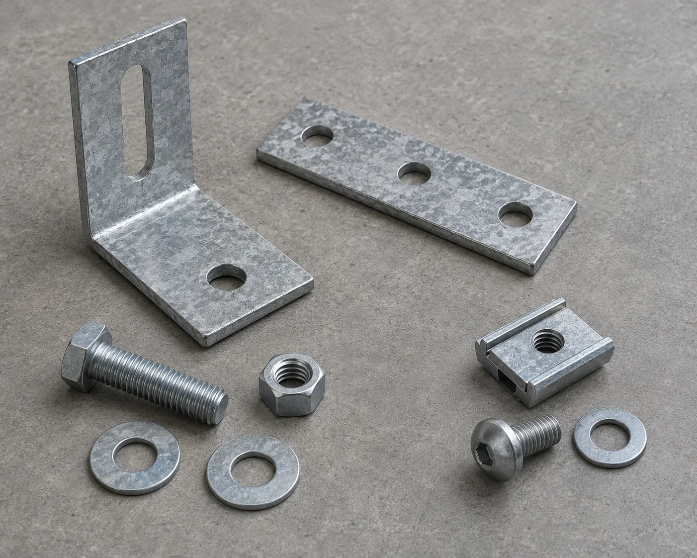 Slotted steel connection brackets beside grouped bolts, channel nuts and washers