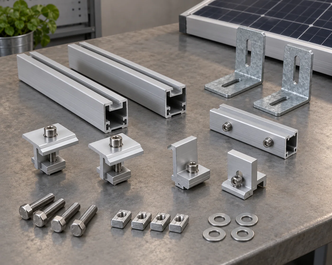 Solar mounting rails, module clamps, splice plates, brackets and matching hardware on a workbench