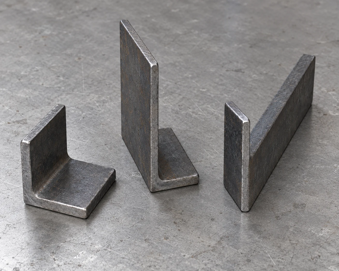 Separate equal and unequal-leg steel angle samples with open L profiles