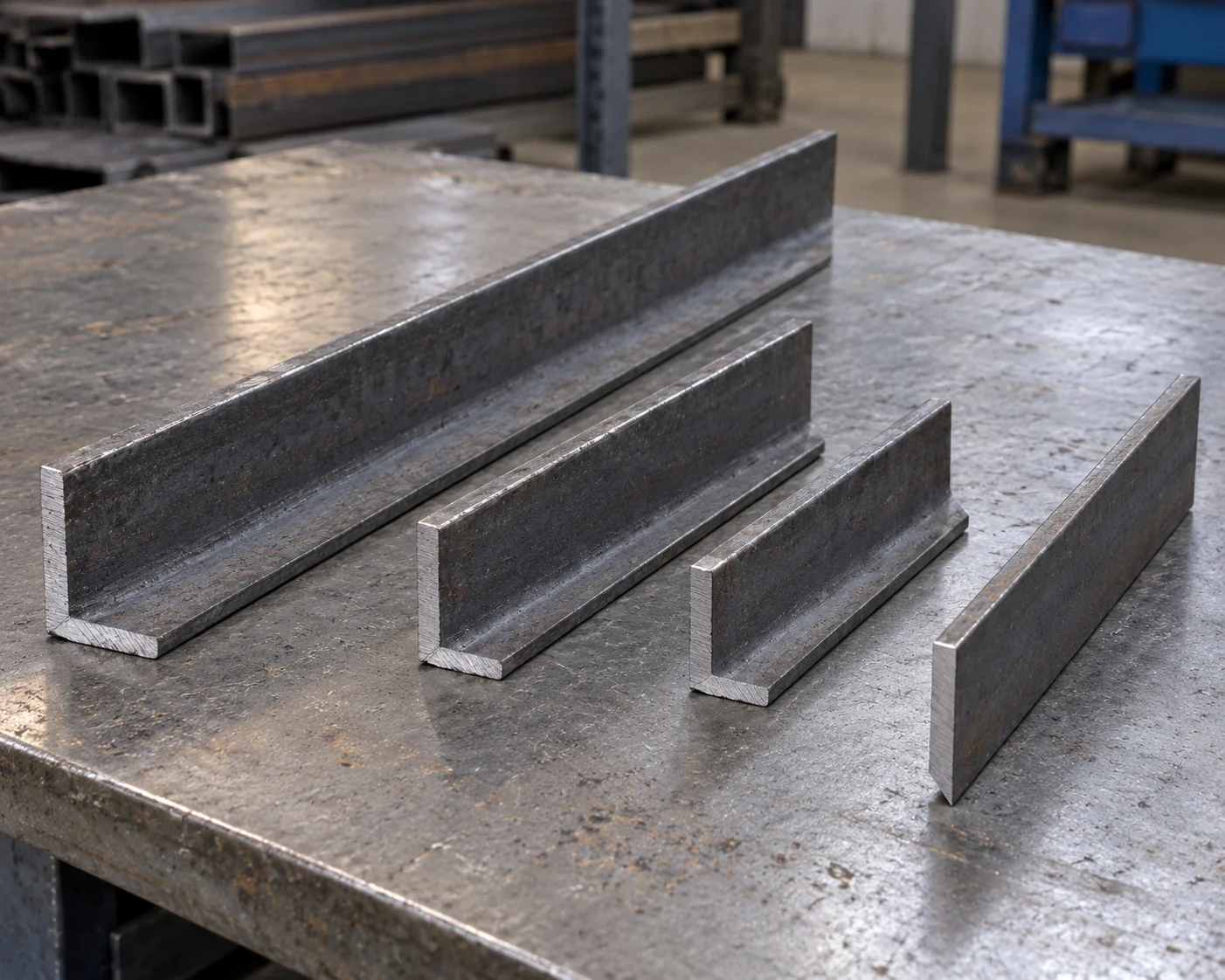 Separate square-ended and miter-cut steel angle pieces on a workbench