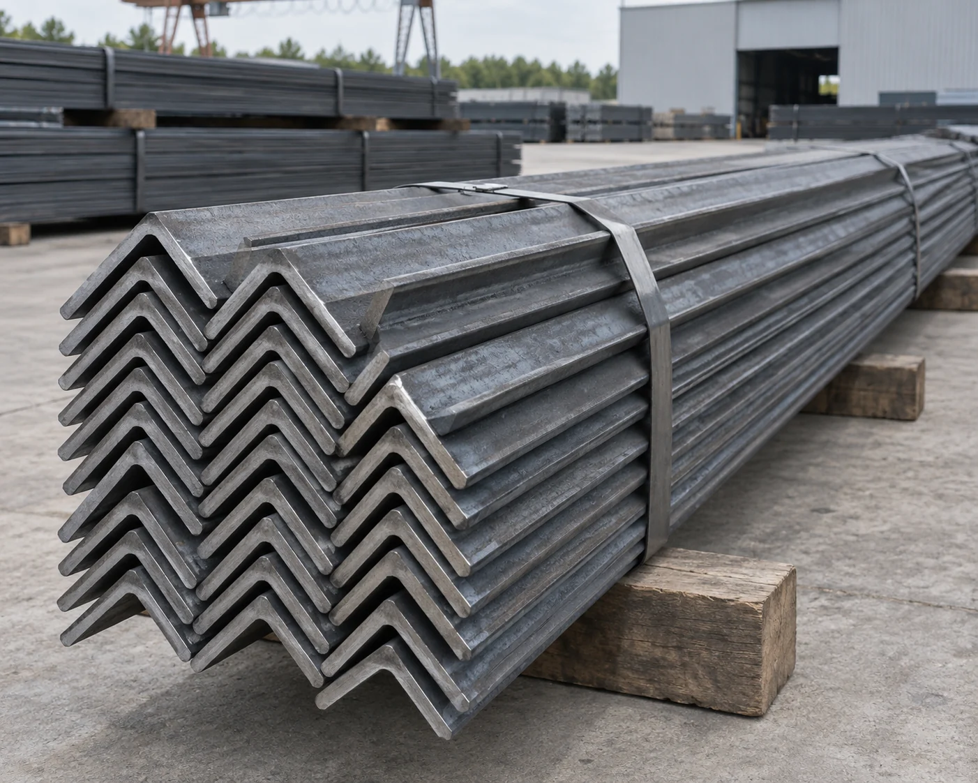 Bundle of bare hot-rolled steel angles with visible L-shaped ends