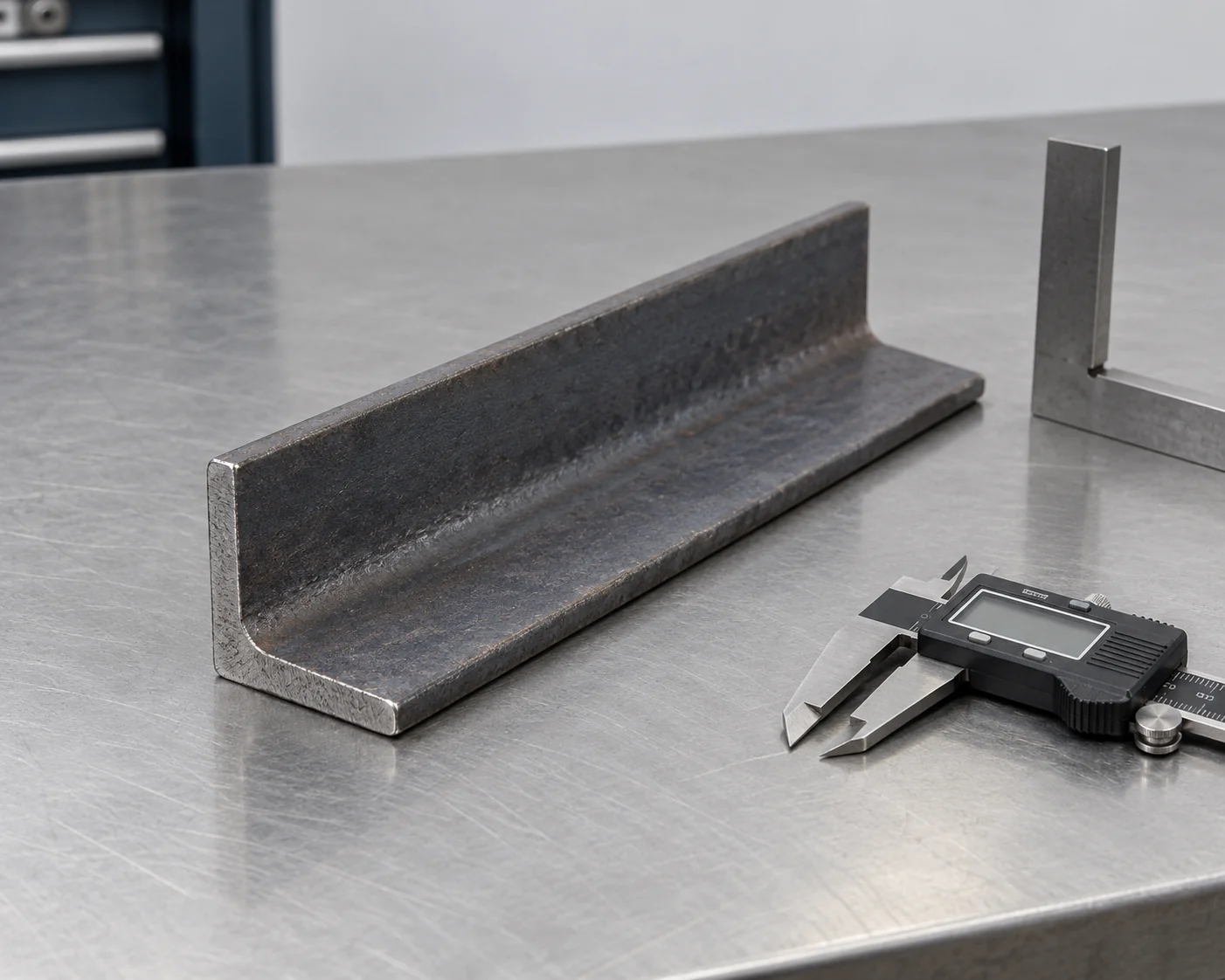 Unequal-leg steel angle sample beside separate resting measuring tools