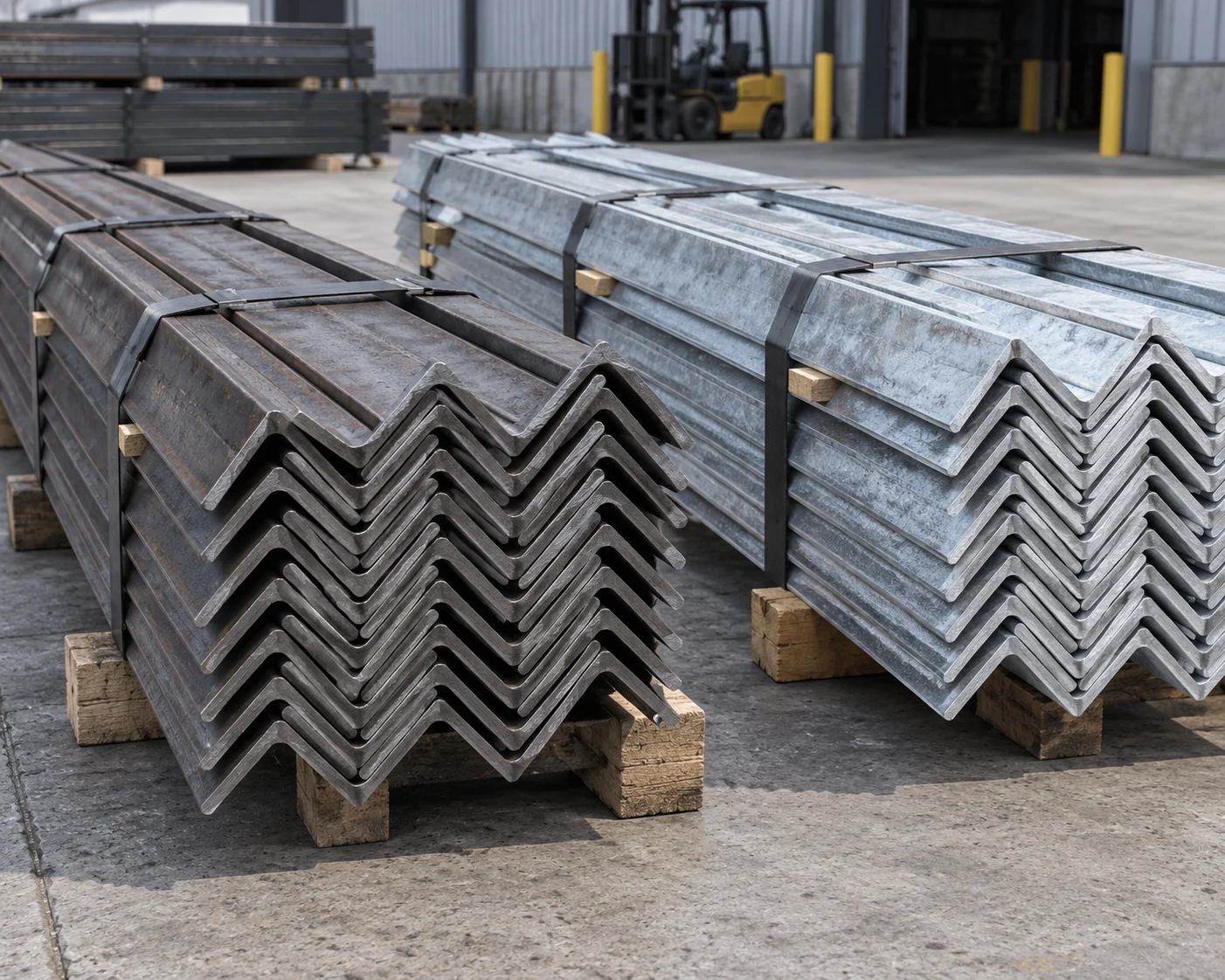 Separate bare and galvanized angle bundles on timber dunnage