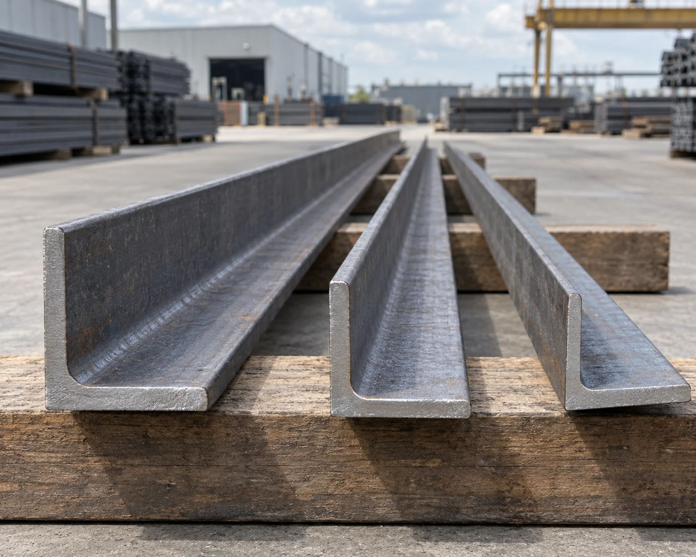 Full-length unequal-leg steel angles arranged on timber supports
