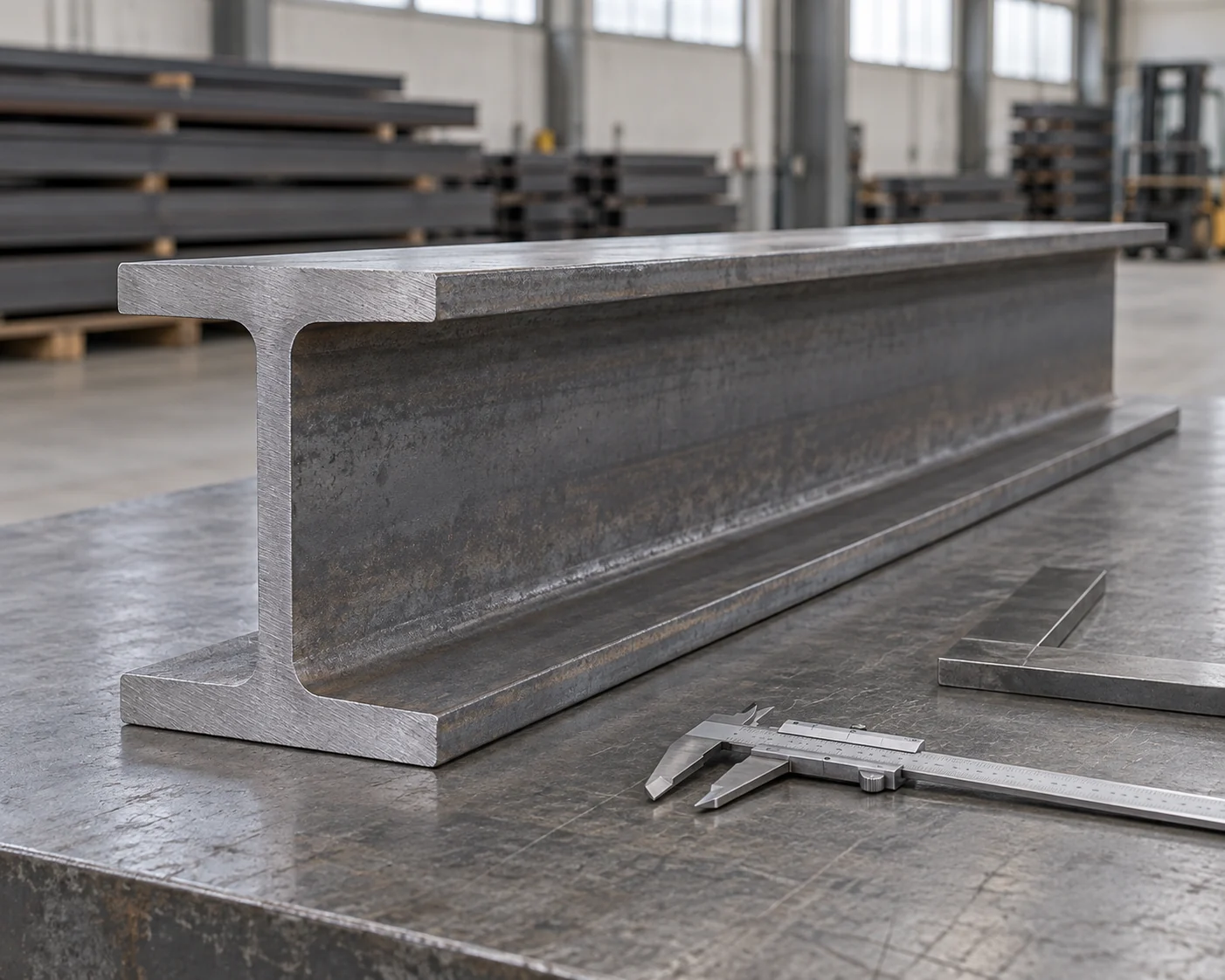 Beam sample beside a caliper and engineer’s square on an inspection bench