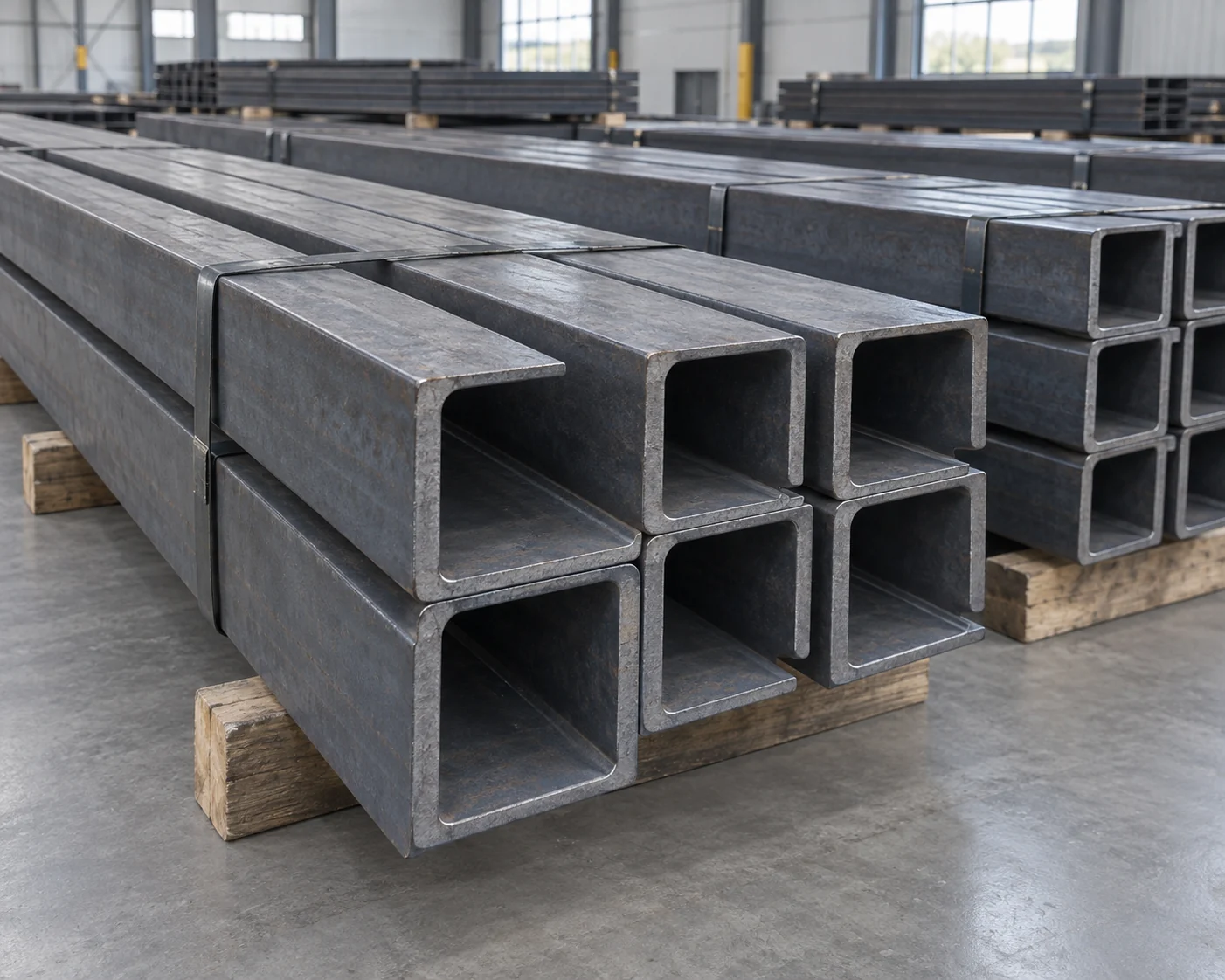 Bundles of hot-rolled steel channels with open end profiles on timber supports