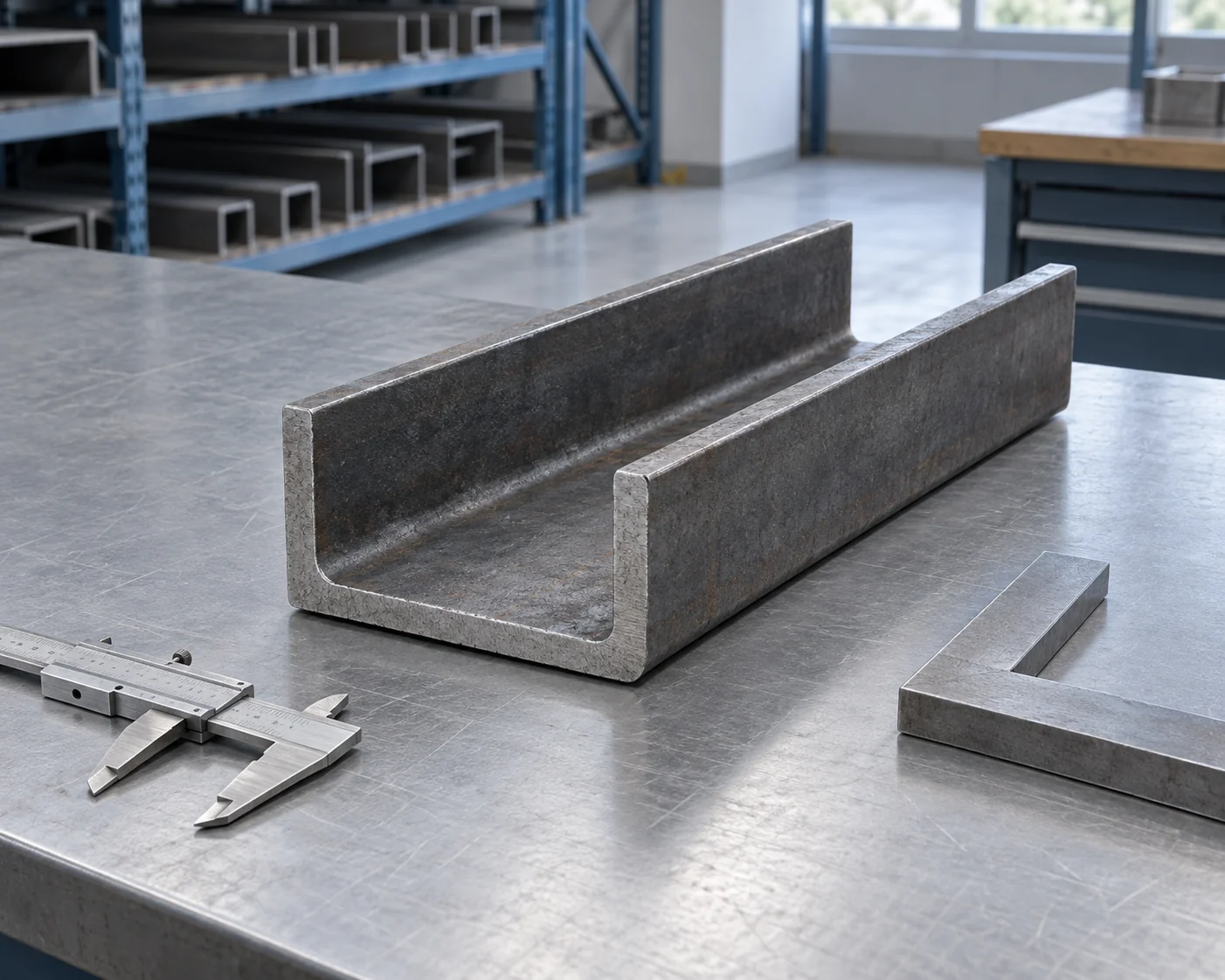 Open steel channel sample beside a resting caliper and engineer’s square