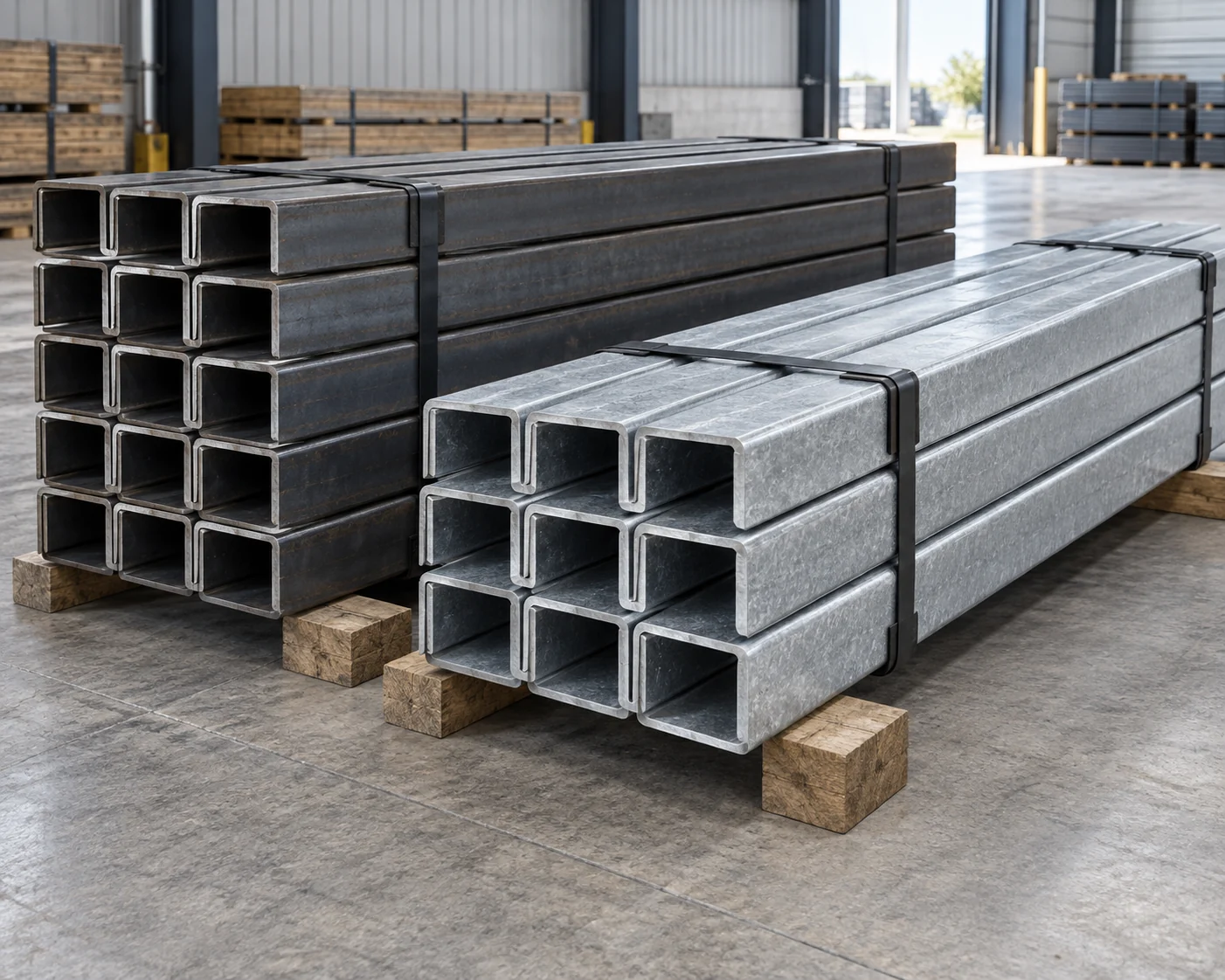 Separate bare and galvanized channel bundles on timber supports
