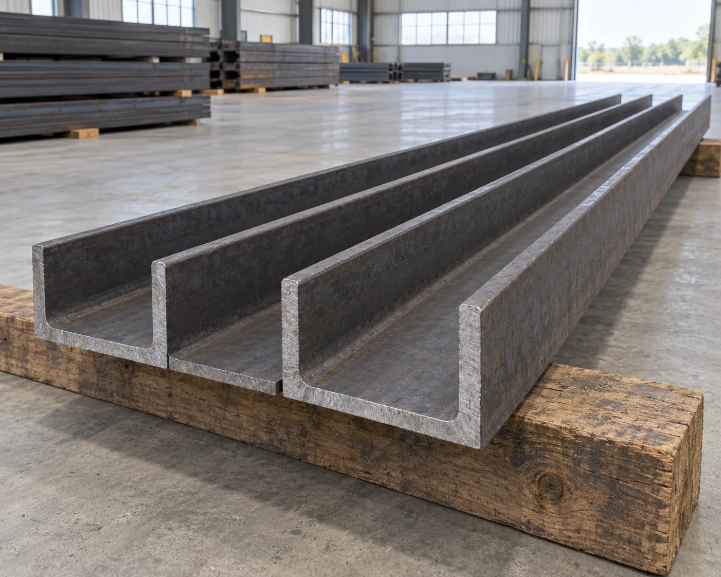 Full-length steel channels laid open-side up on spaced timber supports