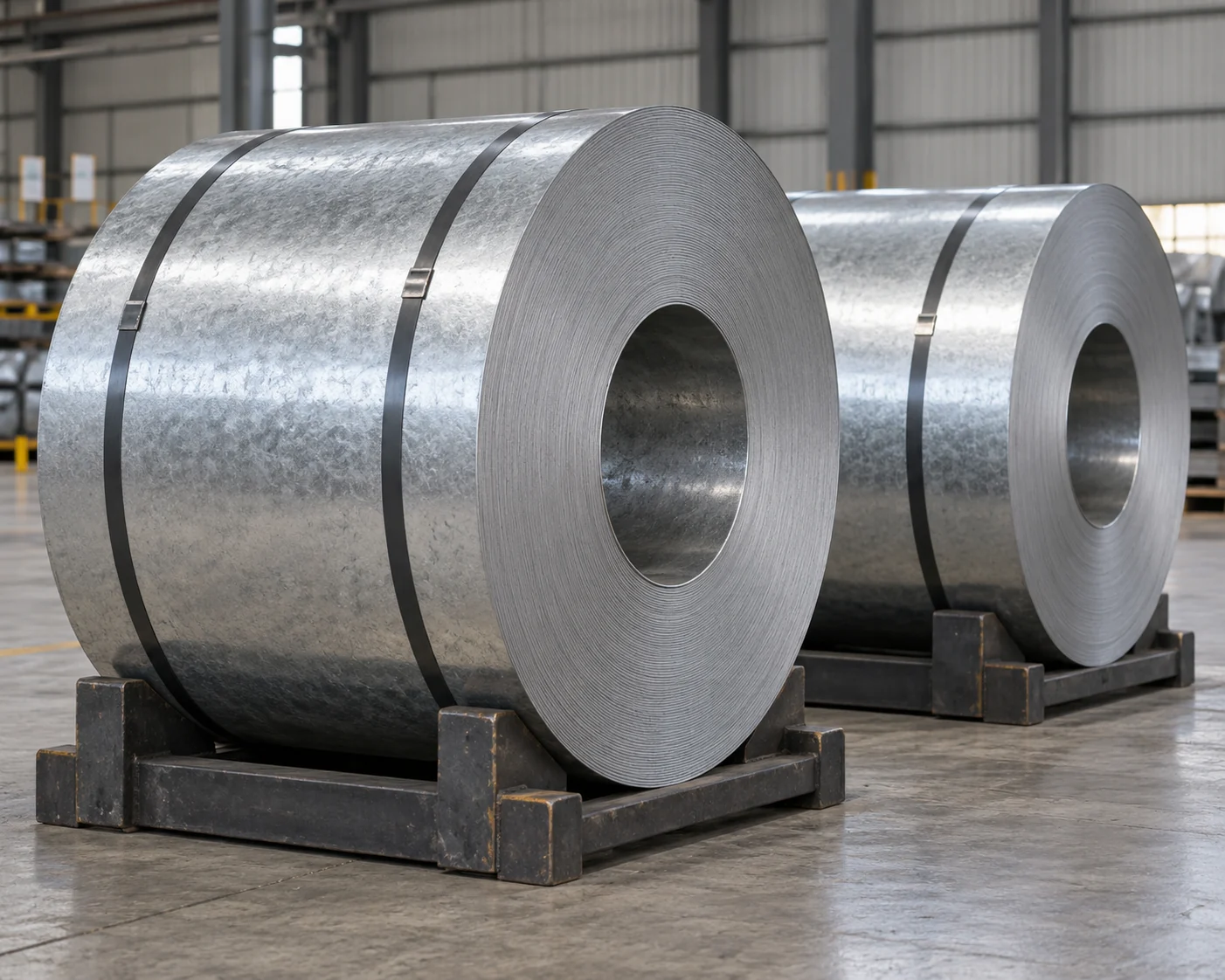Separate silver metallic-coated wide steel strip coils on cradles