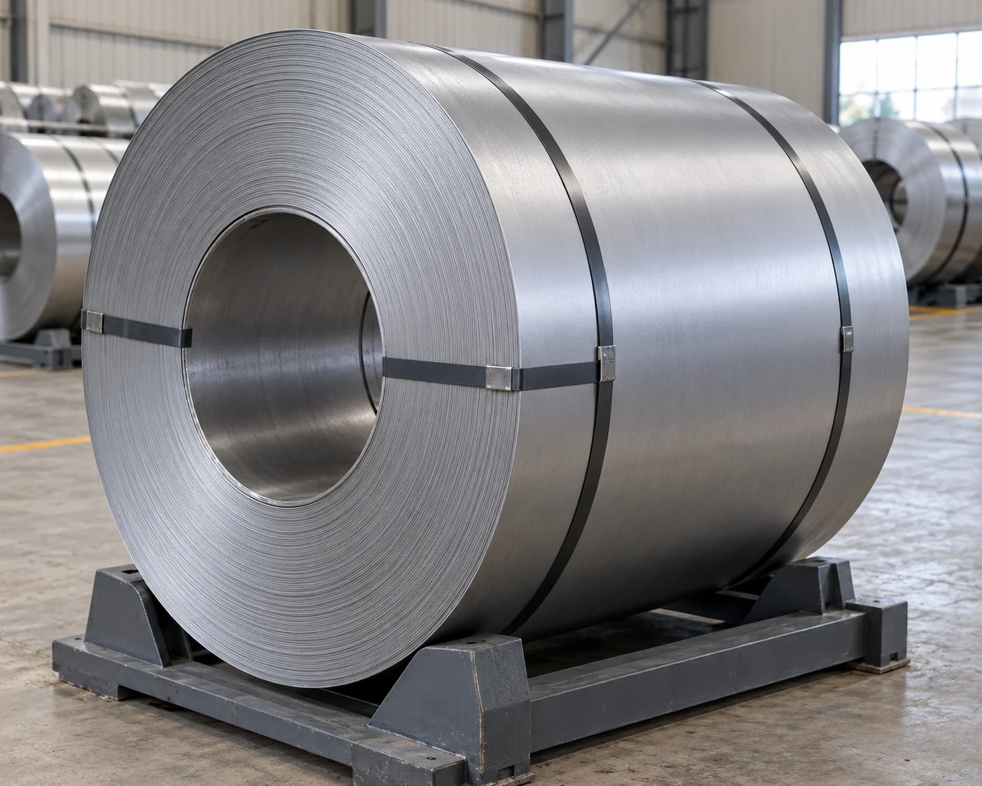 Smooth silver-gray cold-rolled wide sheet coil on a cradle