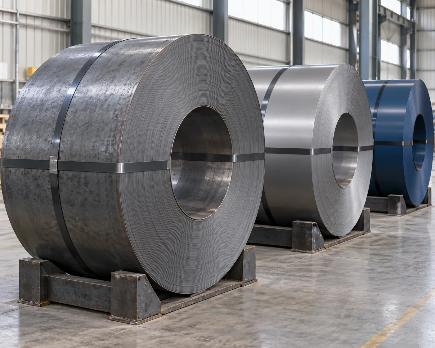 Separate hot-rolled, cold-rolled and painted flat-steel-strip coils on supports