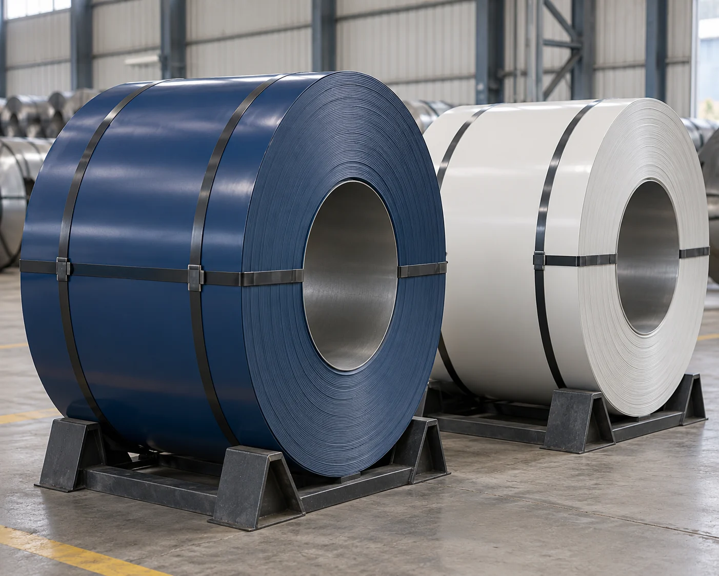 Navy and off-white prepainted wide steel strip coils on supports