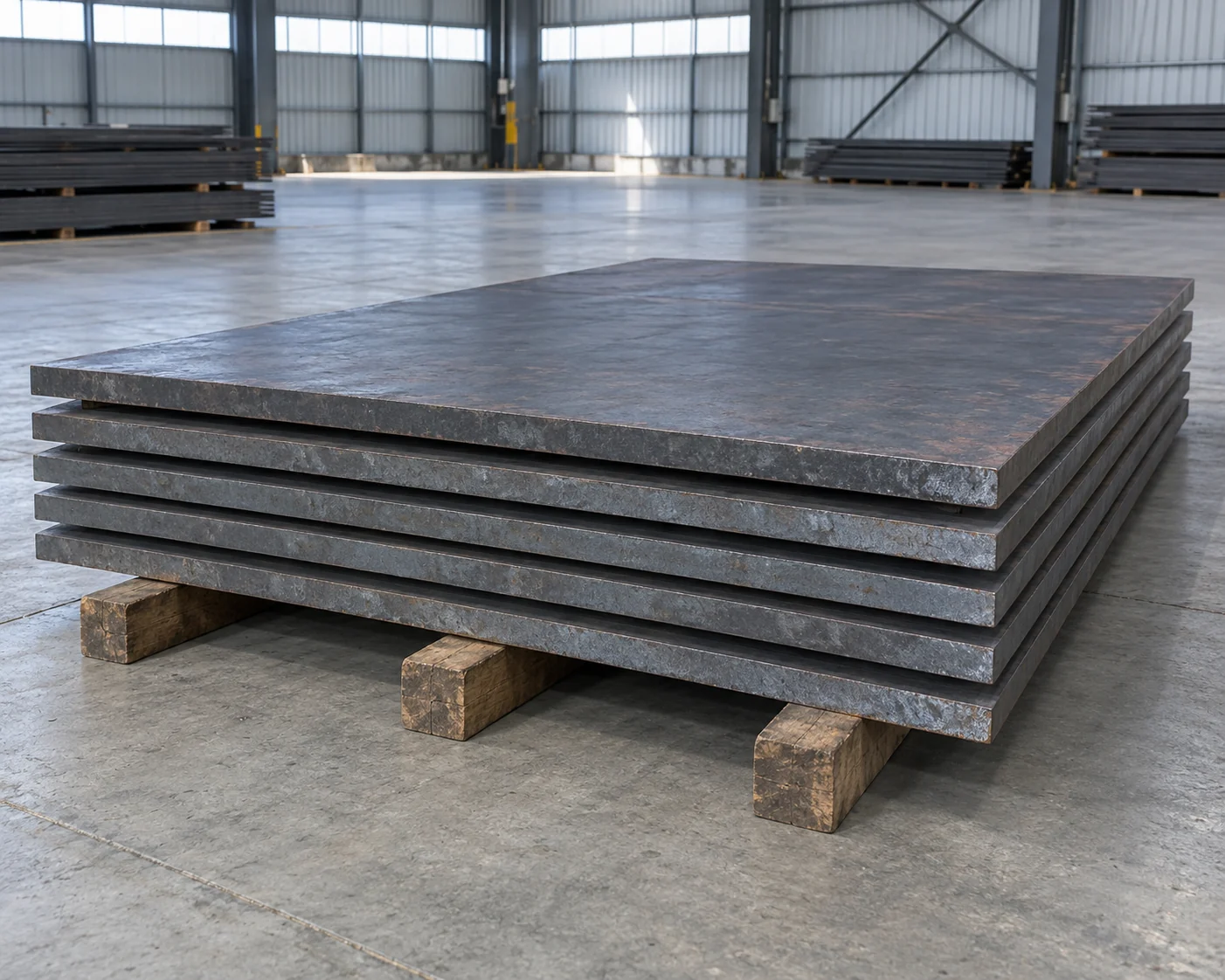 Stack of broad rectangular hot-rolled steel plates on timber supports