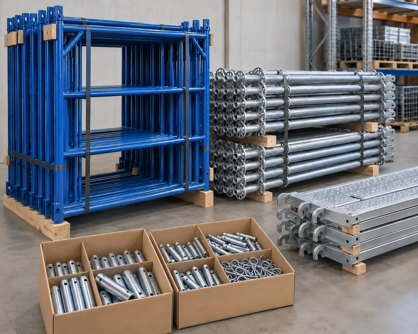 Frame bundles and ringlock member bundles separated beside cartons of scaffold pins