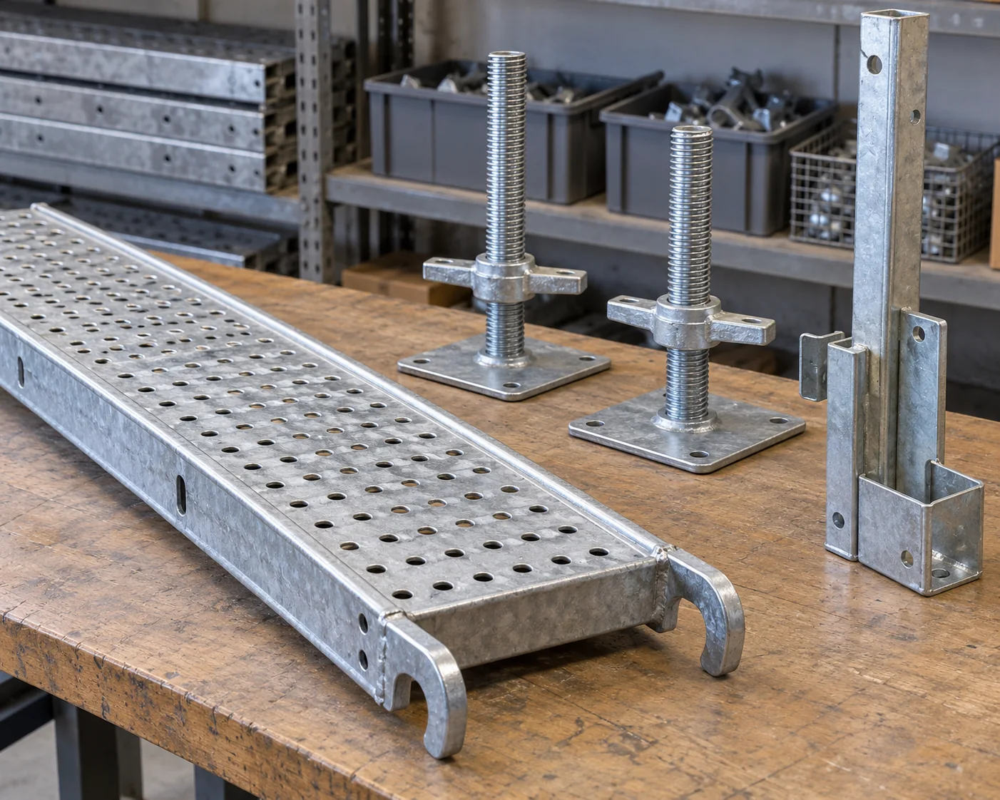 Steel scaffold platform hooks, base-jack parts and separate edge-protection fittings