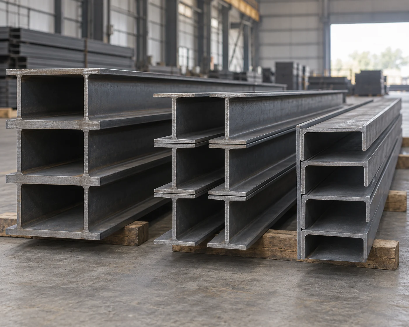 Steel beams and channels stacked on timber supports in a fabrication workshop