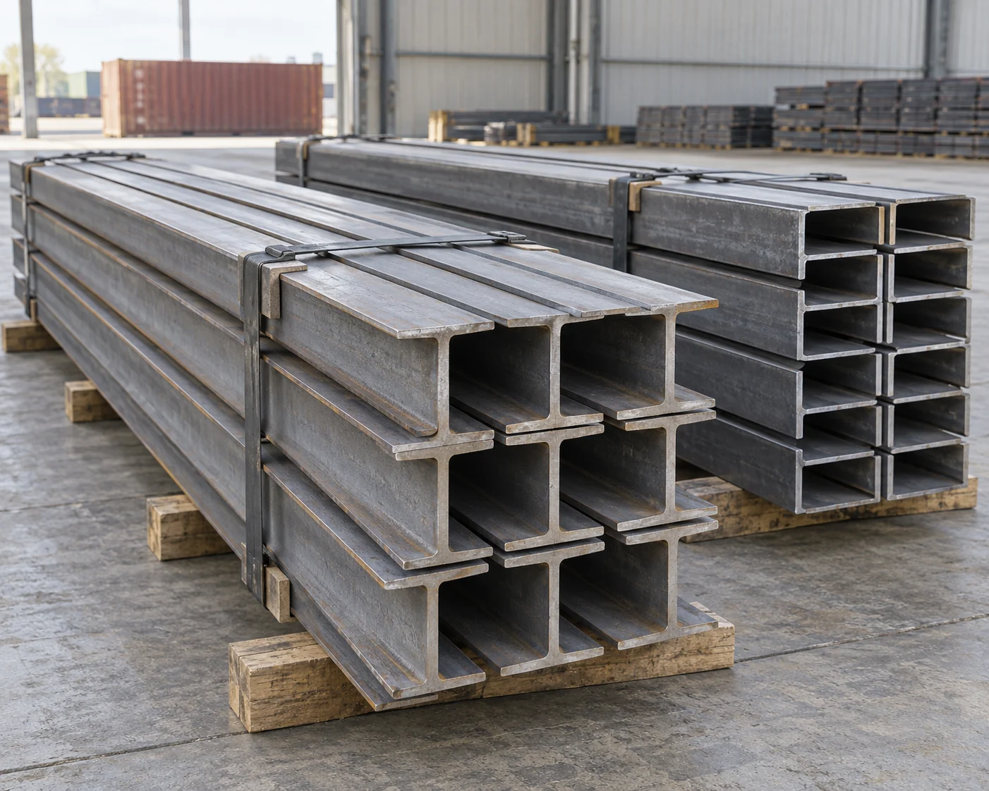 Strapped rolled sections and channels on timber supports for shipping