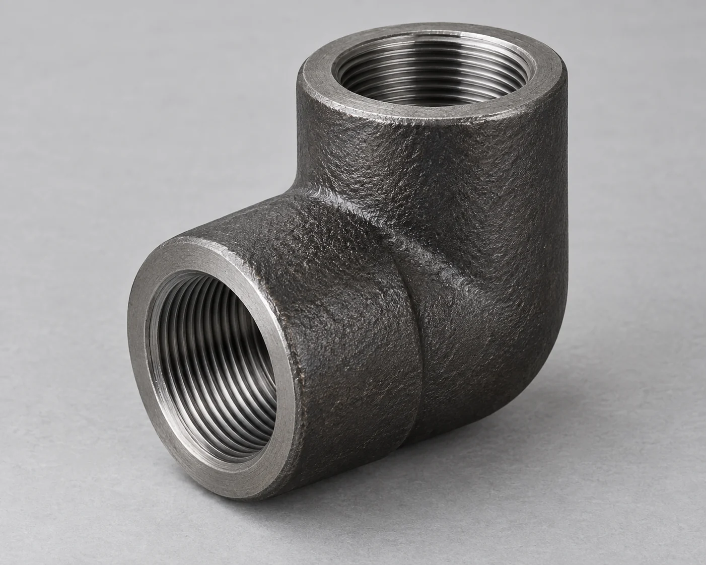 Forged steel 90-degree elbow with two female threaded ports