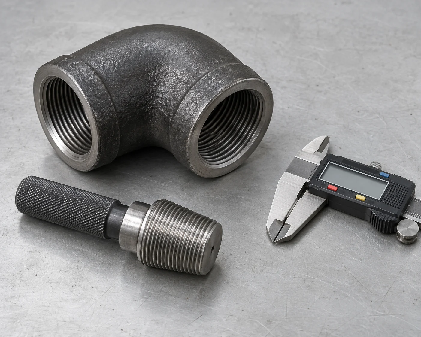 Threaded steel elbow with a separate thread gauge and caliper on a bench