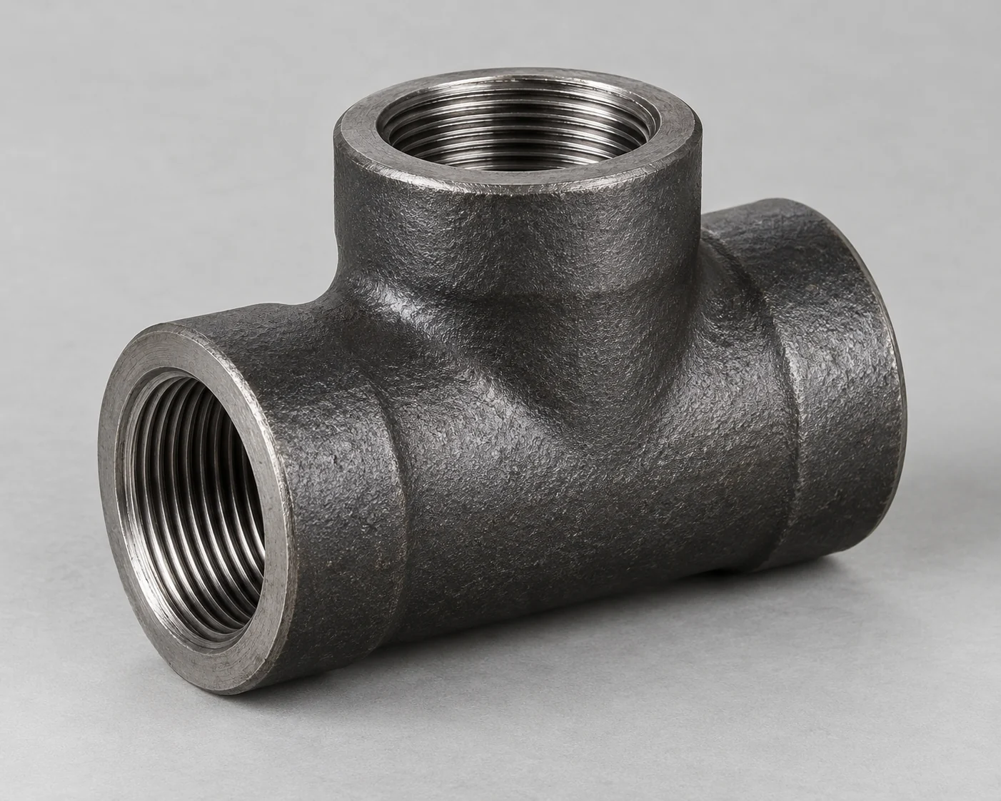 Forged steel equal tee with three female threaded ports